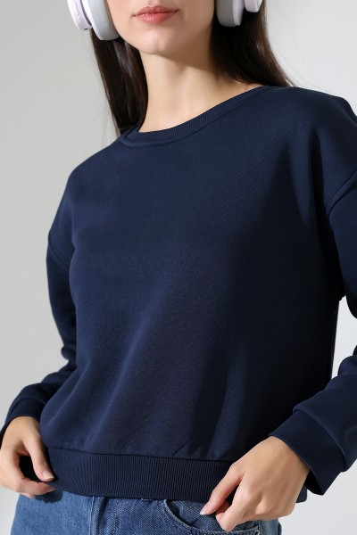 Şardonlu Oversize Bisiklet Yaka Geniş Kalıp Sweatshirt 21614 LACİVERT
