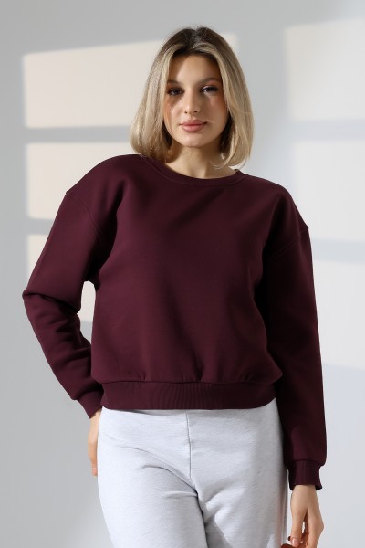 Şardonlu Oversize Bisiklet Yaka Geniş Kalıp Sweatshirt 21614 MÜRDÜM