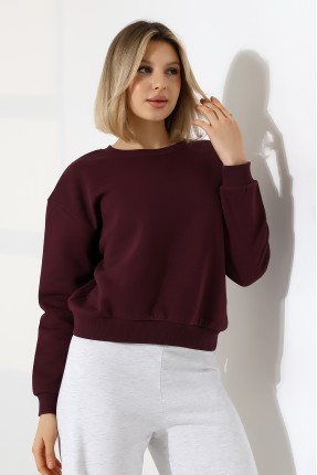Şardonlu Oversize Bisiklet Yaka Geniş Kalıp Sweatshirt 21614 MÜRDÜM