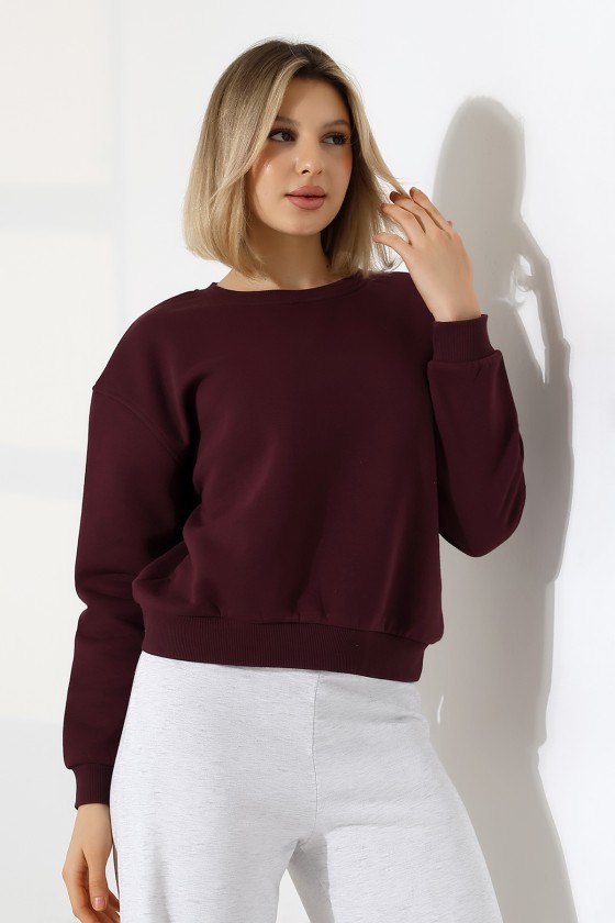 Şardonlu Oversize Bisiklet Yaka Geniş Kalıp Sweatshirt 21614 MÜRDÜM