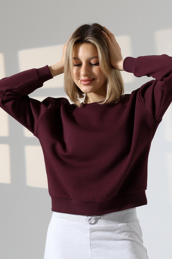 Şardonlu Oversize Bisiklet Yaka Geniş Kalıp Sweatshirt 21614 MÜRDÜM