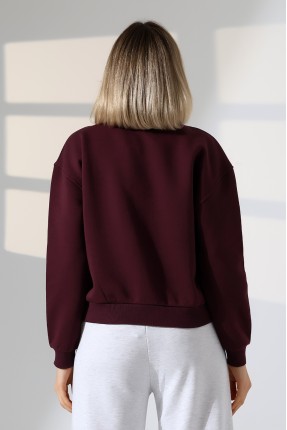 Şardonlu Oversize Bisiklet Yaka Geniş Kalıp Sweatshirt 21614 MÜRDÜM