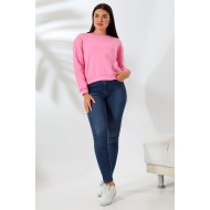 Şardonlu Oversize Bisiklet Yaka Geniş Kalıp Sweatshirt 21614 PEMBE