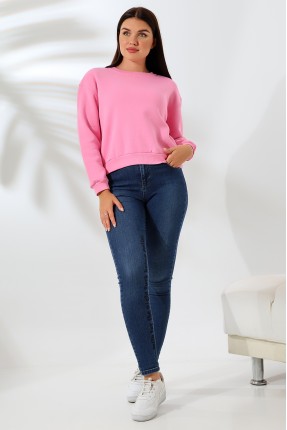 Şardonlu Oversize Bisiklet Yaka Geniş Kalıp Sweatshirt 21614 PEMBE