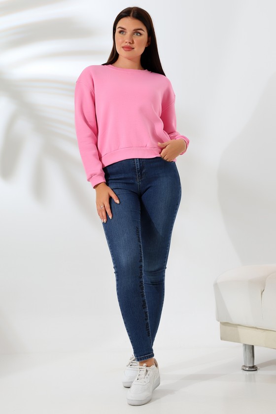 Şardonlu Oversize Bisiklet Yaka Geniş Kalıp Sweatshirt 21614 PEMBE