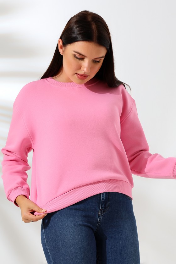 Şardonlu Oversize Bisiklet Yaka Geniş Kalıp Sweatshirt 21614 PEMBE