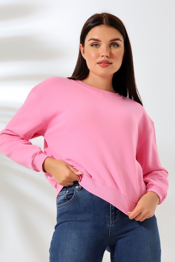 Şardonlu Oversize Bisiklet Yaka Geniş Kalıp Sweatshirt 21614 PEMBE