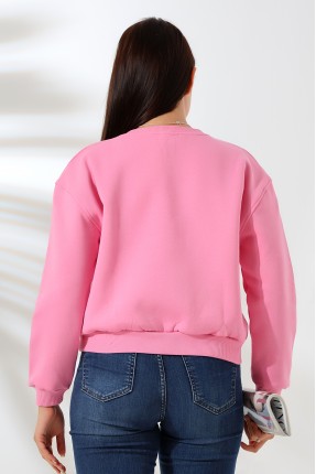 Şardonlu Oversize Bisiklet Yaka Geniş Kalıp Sweatshirt 21614 PEMBE