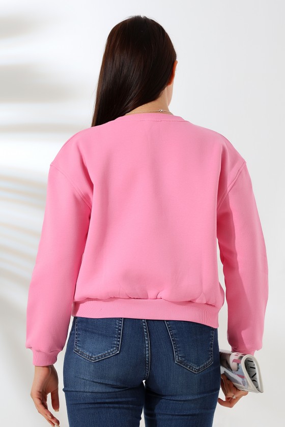 Şardonlu Oversize Bisiklet Yaka Geniş Kalıp Sweatshirt 21614 PEMBE