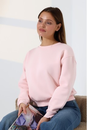 Şardonlu Oversize Bisiklet Yaka Geniş Kalıp Sweatshirt 21614 PUDRA