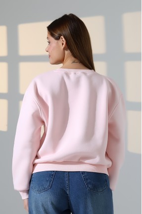 Şardonlu Oversize Bisiklet Yaka Geniş Kalıp Sweatshirt 21614 PUDRA