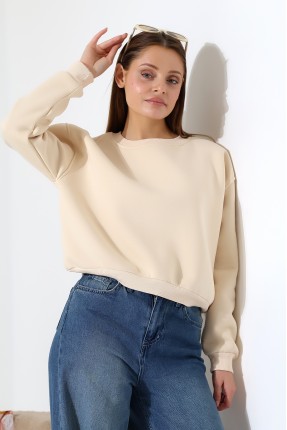 Şardonlu Oversize Bisiklet Yaka Geniş Kalıp Sweatshirt 21614 TAŞ