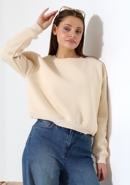 Şardonlu Oversize Bisiklet Yaka Geniş Kalıp Sweatshirt 21614 TAŞ