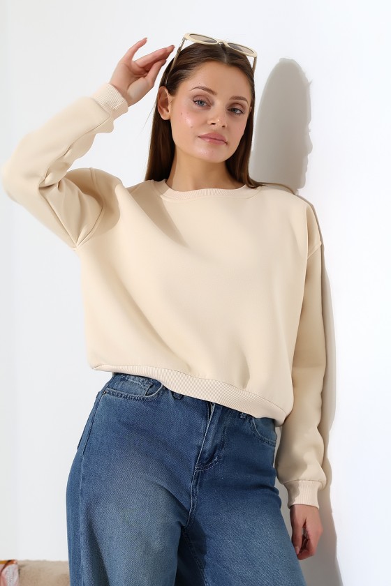 Şardonlu Oversize Bisiklet Yaka Geniş Kalıp Sweatshirt 21614 TAŞ
