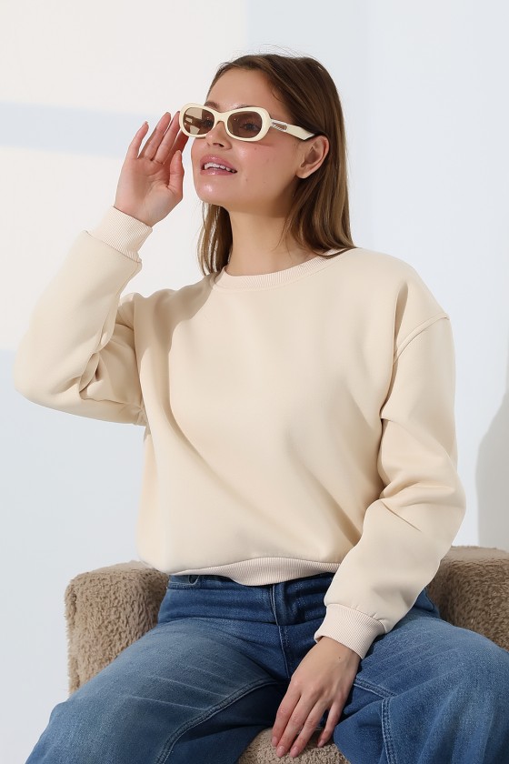 Şardonlu Oversize Bisiklet Yaka Geniş Kalıp Sweatshirt 21614 TAŞ