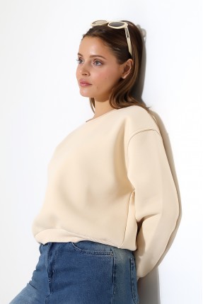 Şardonlu Oversize Bisiklet Yaka Geniş Kalıp Sweatshirt 21614 TAŞ