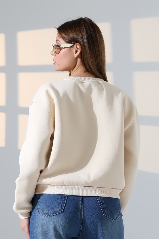 Şardonlu Oversize Bisiklet Yaka Geniş Kalıp Sweatshirt 21614 TAŞ