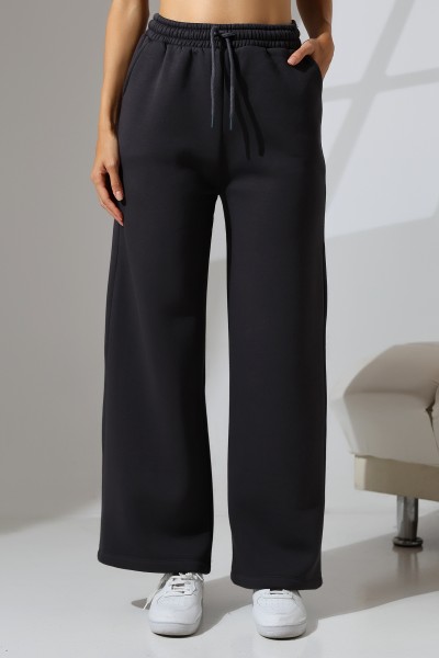 Şardonlu Penye Kompakt Paçası Geniş Kışlık Palazzo Eşofman Altı 21776 FÜME