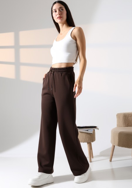 Şardonlu Penye Kompakt Paçası Geniş Kışlık Palazzo Eşofman Altı 21776 KAHVE