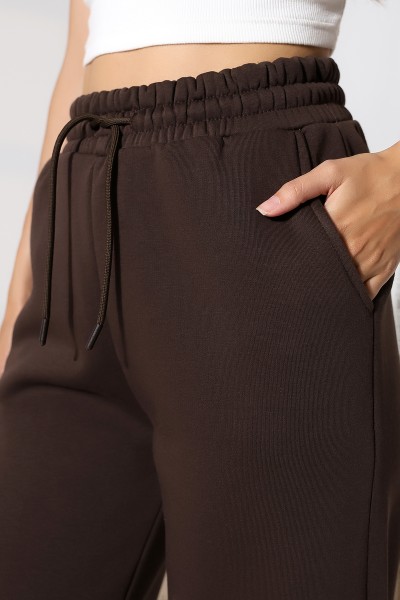 Şardonlu Penye Kompakt Paçası Geniş Kışlık Palazzo Eşofman Altı 21776 KAHVE