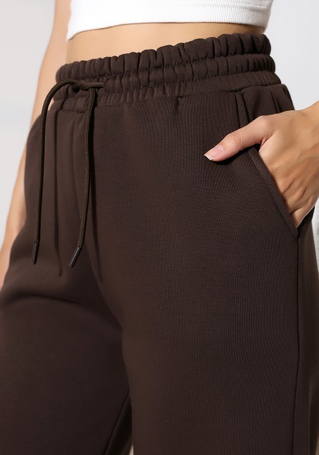 Şardonlu Penye Kompakt Paçası Geniş Kışlık Palazzo Eşofman Altı 21776 KAHVE