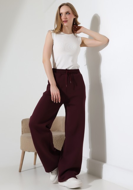 Şardonlu Penye Kompakt Paçası Geniş Kışlık Palazzo Eşofman Altı 21776 MÜRDÜM