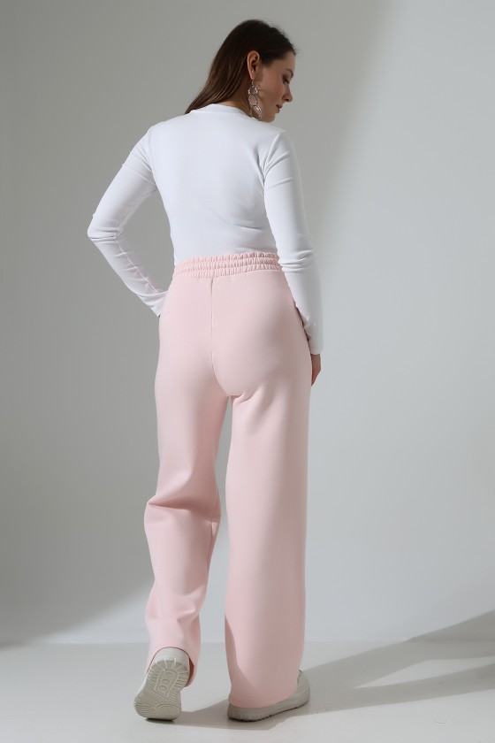 Şardonlu Penye Kompakt Paçası Geniş Kışlık Palazzo Eşofman Altı 21776 PUDRA