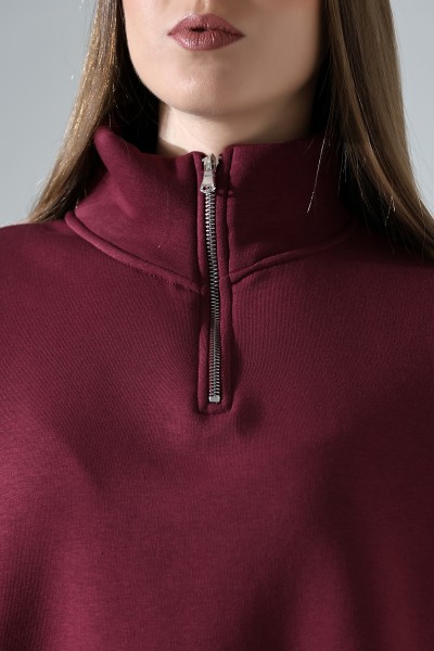 Şardonlu Yarım Fermuarlı Oversize Sweatshirt 21622 BORDO