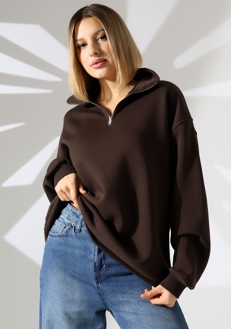 Şardonlu Yarım Fermuarlı Oversize Sweatshirt 21622 KAHVE