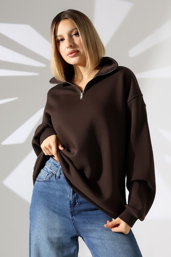 Şardonlu Yarım Fermuarlı Oversize Sweatshirt 21622 KAHVE
