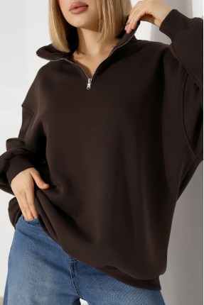 Şardonlu Yarım Fermuarlı Oversize Sweatshirt 21622 KAHVE