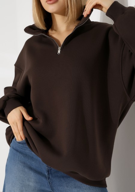 Şardonlu Yarım Fermuarlı Oversize Sweatshirt 21622 KAHVE