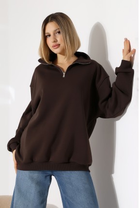 Şardonlu Yarım Fermuarlı Oversize Sweatshirt 21622 KAHVE