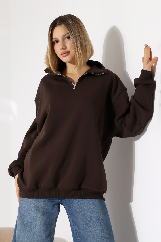 Şardonlu Yarım Fermuarlı Oversize Sweatshirt 21622 KAHVE