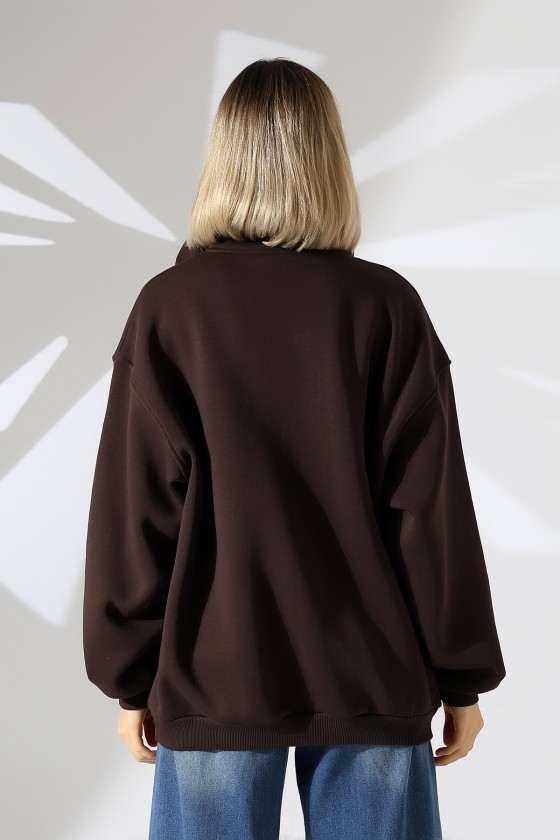Şardonlu Yarım Fermuarlı Oversize Sweatshirt 21622 KAHVE