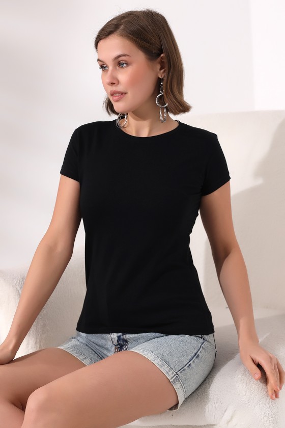 Bisiklet Yaka Kısa Kol Penye Kompakt Likralı Basic T-Shirt 21060 SİYAH