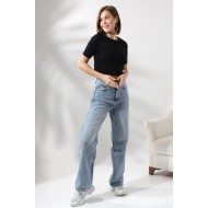 Pamuklu Kompakt Penye Ribana Bisiklet Yaka Crop T-Shirt 21560 SİYAH