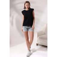 Omuzları Vatkalı Pamuklu T-Shirt 19619 SİYAH