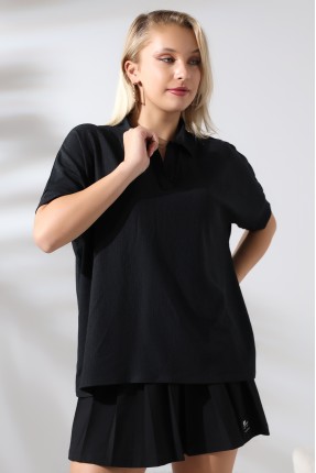 Bürümcük Kumaş Gömlek Yaka Oversize T-Shirt 21141 SİYAH