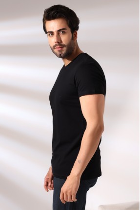 V Yaka Regular Fit Compact Pamuklu Esnek T-Shirt 19953 SİYAH