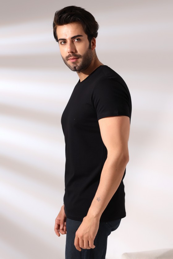 V Yaka Regular Fit Compact Pamuklu Esnek T-Shirt 19953 SİYAH