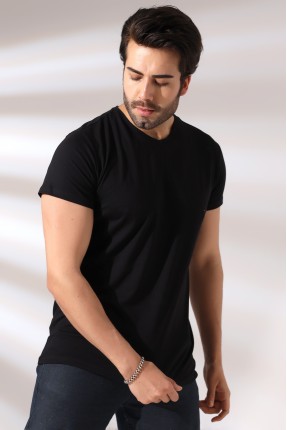 V Yaka Regular Fit Compact Pamuklu Esnek T-Shirt 19953 SİYAH