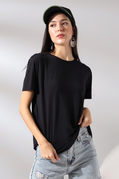 Kısa Kol Yumuşak Dokulu Dökümlü T-Shirt 21638 SİYAH