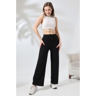 Bürümcük Fitilli Kumaş Paçası Geniş Pantolon 21656 SİYAH