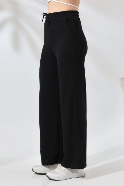 Bürümcük Fitilli Kumaş Paçası Geniş Pantolon 21656 SİYAH