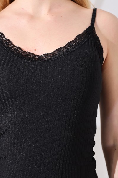 İnce İp Askılı Dantelli Şortlu Pijama Takımı 21676 SİYAH