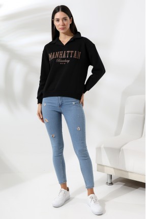 Şardonlu Baskılı Polo Yaka Oversize Sweatshirt 21624 SİYAH