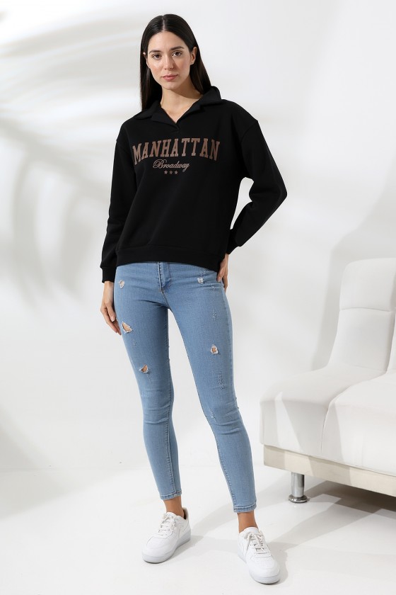 Şardonlu Baskılı Polo Yaka Oversize Sweatshirt 21624 SİYAH