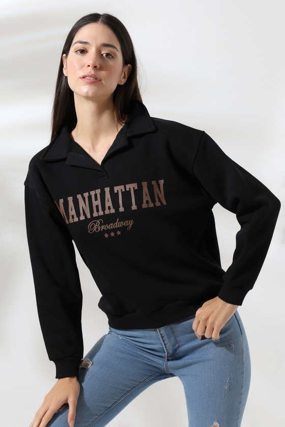 Şardonlu Baskılı Polo Yaka Oversize Sweatshirt 21624 SİYAH