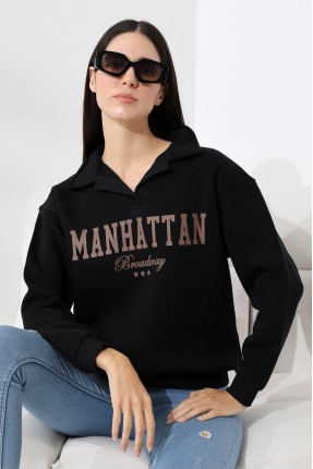 Şardonlu Baskılı Polo Yaka Oversize Sweatshirt 21624 SİYAH